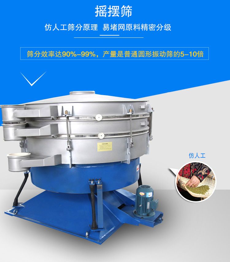 搖擺篩適合精細(xì)和超細(xì)范圍的粉末和微粒狀物料，產(chǎn)量大、精度高